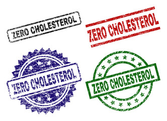 ZERO CHOLESTEROL seal imprints with corroded texture. Black, green,red,blue vector rubber prints of ZERO CHOLESTEROL text with corroded texture. Rubber seals with round, rectangle, medal shapes.