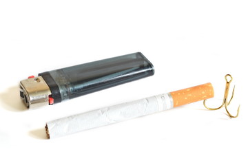 Cigarette caught on a triple fishing hook next transparent plastic gas lighter. Isolated. White background