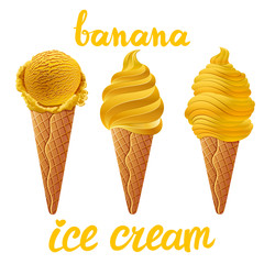 vector Set of yellow ice cream with of different shapes in a cup on transparent background lettering hand made text
