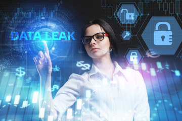 The concept of business, technology, the Internet and the network. A young entrepreneur working on a virtual screen of the future and sees the inscription: Data leak