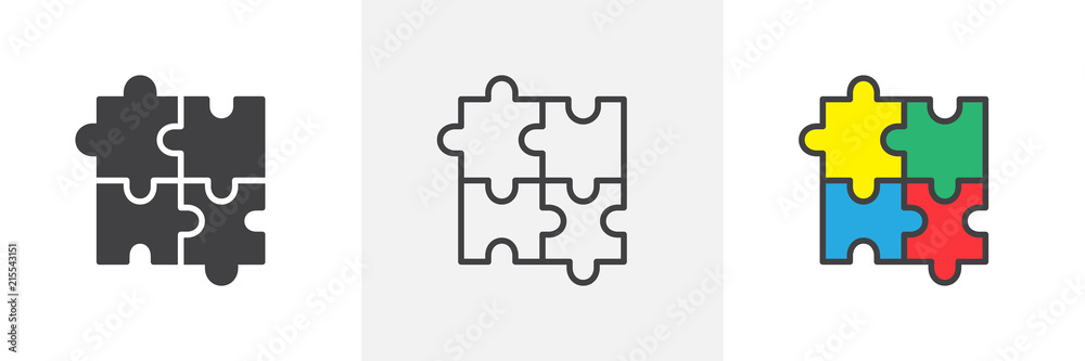 Aufkleber puzzle icon. line, solid and filled outline colorful version, outline and filled vector sign. plugin