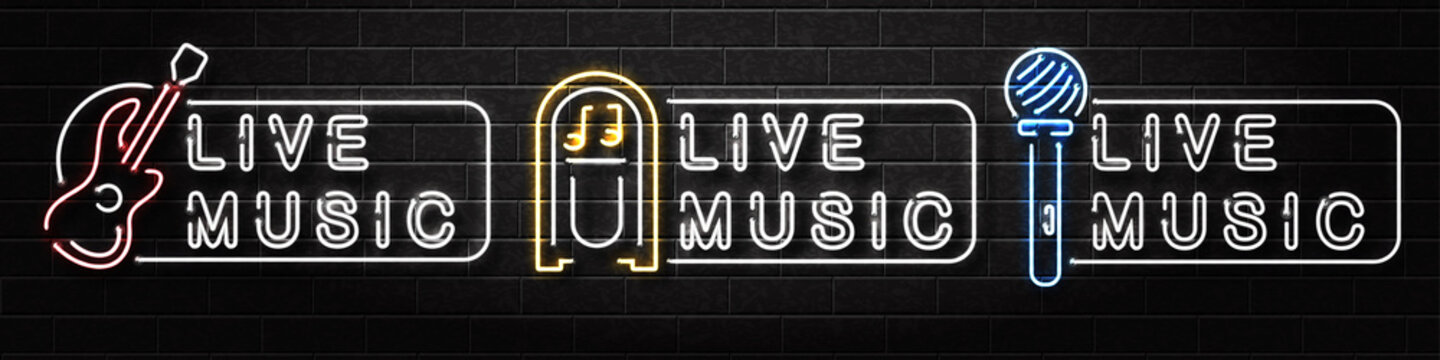 Vector set of realistic isolated neon sign of live music logo for decoration and covering on the wall background. Concept of music, dj and concert.