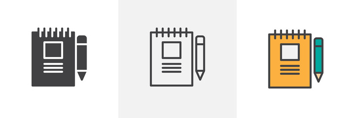 Notebook and pen icon. Line, solid and filled outline colorful version, outline and filled vector sign. Symbol, logo illustration. Different style icons set. Pixel perfect vector graphics