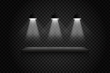 Vector realistic isolated shelf with lamp light for decoration and covering on the transparent background. Concept of exhibition and illumination.