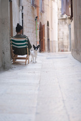 A small dog near the hostess, sitting in a lounger on the narrow street of an ancient city. Bari, Italy.