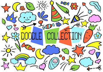 Outlined vector doodle set in bright color palette. Funny nursery doodle collection for journaling or web design.