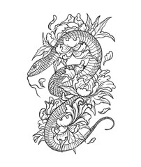 Sneak with flower vector on white background.Black and white tattoo art highly detailed in line art style