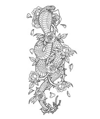 Sneak with flower vector on white background.Black and white tattoo art highly detailed in line art style