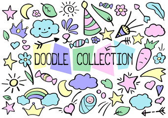 Outlined vector doodle set in pastel color palette. Funny nursery doodle collection for journaling or web design.