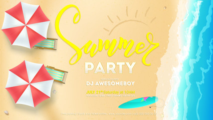 Summer party on seascape seashore with sandy beach. Top view of summer beach with waves of surf, sun umbrella, deck chairs, surfboard. Vector poster, invitation of summer party, 3D illustration