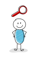 Smiley stickman with magnifier (search) icon. Vector.