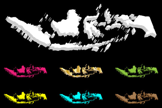 3D map of Indonesia (Republic of Indonesia) -  white, yellow, purple, brown, green, blue and gold - vector illustration