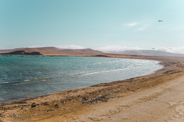 View over a Pacific Ocean bay on the coast of the Paracas National Reserve in Ica, Peru