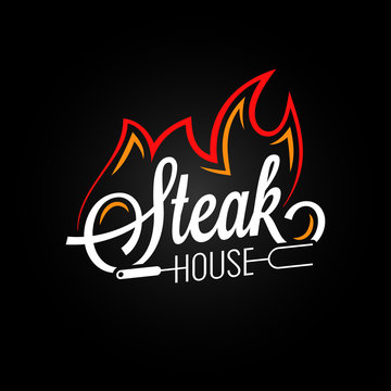 steak house logo with fire on black background
