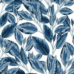 Vector Blue Exotic Leaf Tropical Seamless Pattern