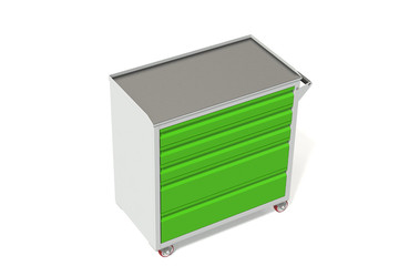 Metal tool cabinet on wheels with drawers. A convenient place for storing tools and spare parts. Metal furniture.