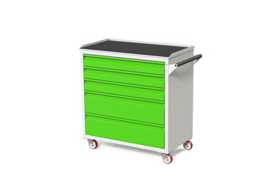 Metal tool cabinet on wheels with drawers. A convenient place for storing tools and spare parts. Metal furniture.  3D-model rendering of the table for shooting from above.