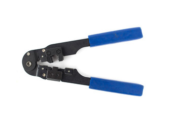 Tool for crimping and stripping of connectors, network cable, close-up, isolate