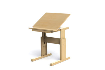 Children's small wooden table. School desk with adjustable height on a white background. Isolated.