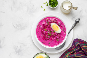Cold borsch, summer beet soup with fresh cucumber, radish and boiled egg in white bowl. Traditional...