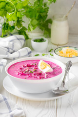 Cold borsch, summer beet soup with fresh cucumber, radish and boiled egg in white bowl. Traditional European food, delicious lunch