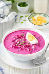 Cold borsch, summer beet soup with fresh cucumber, radish and boiled egg in white bowl. Traditional European food, delicious lunch