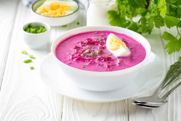 Cold borsch, summer beet soup with fresh cucumber, radish and boiled egg in white bowl. Traditional European food, delicious lunch
