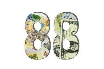 88 Number Different Worlds Banknotes. Background for business. Money concept. White isolated