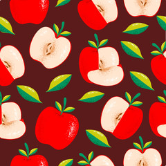 Red apple seamless pattern with hand drawn style illustration