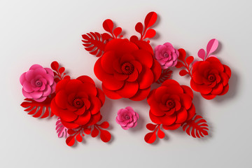 Flower paper style, colorful rose, paper craft floral, 3d rendering, with clipping path.