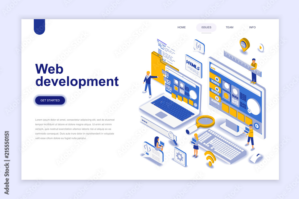 Fototapete web development modern flat design isometric concept. developer and people concept. landing page tem