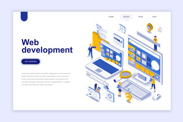 Web development modern flat design isometric concept. Developer and people concept. Landing page template. Conceptual isometric vector illustration for web and graphic design.