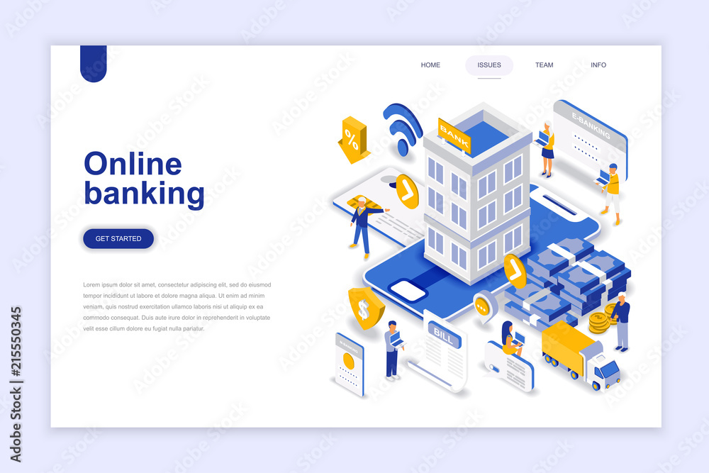 Aufkleber Online banking modern flat design isometric concept. Electronic bank and people concept. Landing page template. Conceptual isometric vector illustration for web and graphic design.