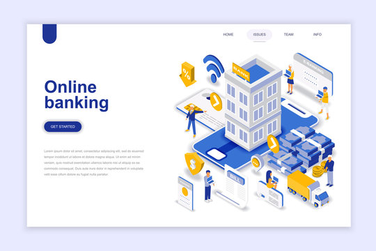 Online banking modern flat design isometric concept. Electronic bank and people concept. Landing page template. Conceptual isometric vector illustration for web and graphic design.