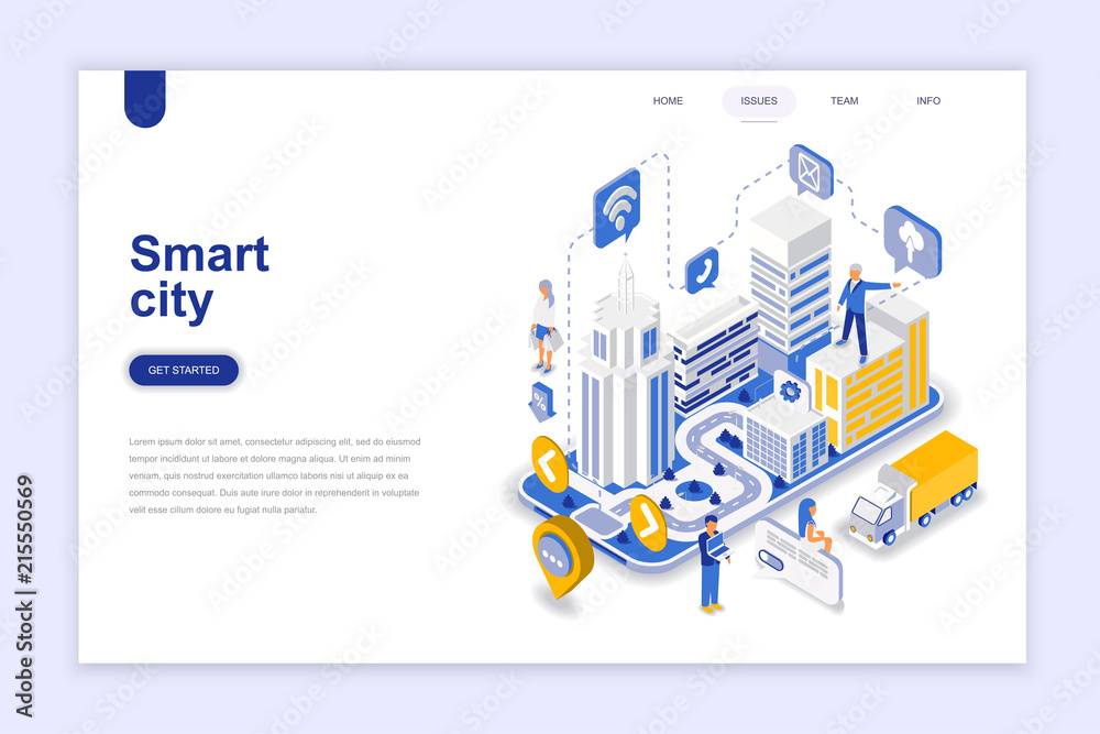 Poster smart city modern flat design isometric concept. architecture and people concept. landing page templ