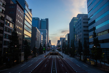 Sun rise over empty streets in Tokyo, Japan