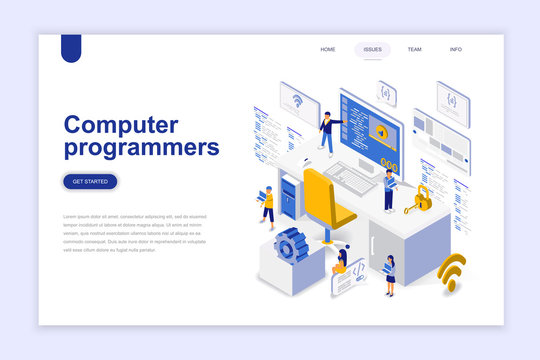 Computer programmers modern flat design isometric concept. Software development and people concept. Landing page template. Conceptual isometric vector illustration for web and graphic design.