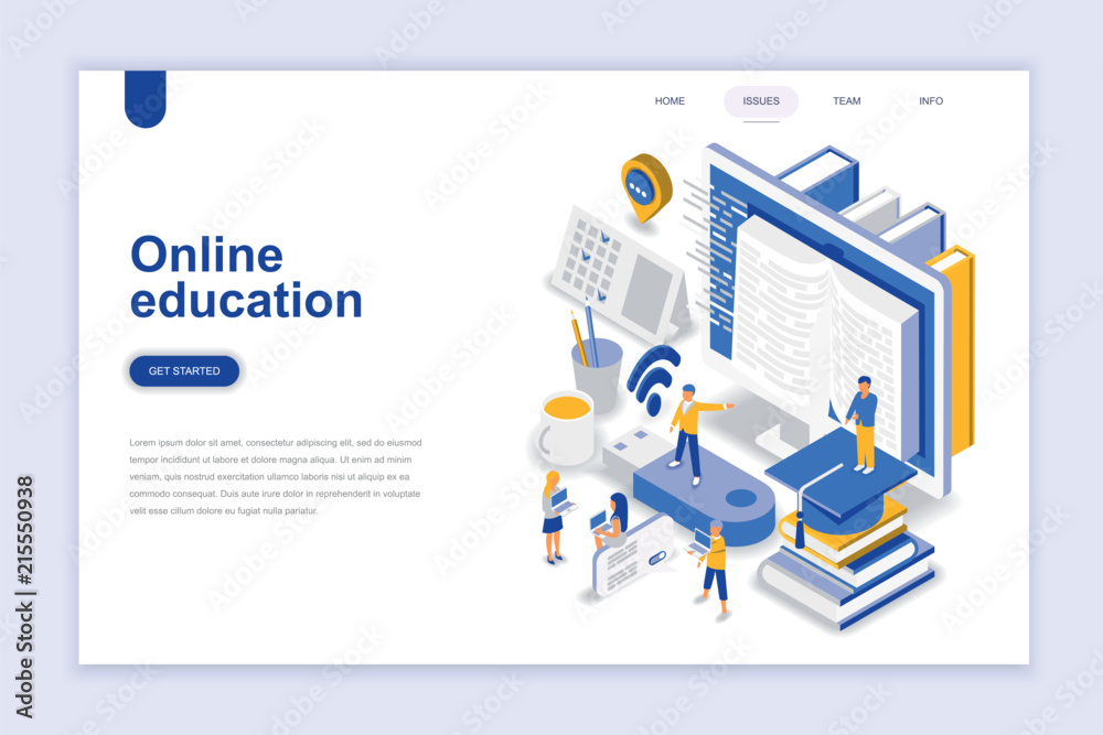 Poster online education modern flat design isometric concept. learning and people concept. landing page tem