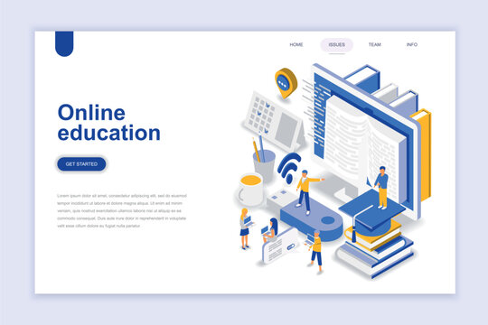 Online education modern flat design isometric concept. Learning and people concept. Landing page template. Conceptual isometric vector illustration for web and graphic design.