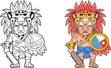 cartoon funny Aztec warrior, design coloring book © fargon