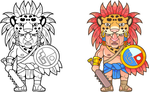 cartoon funny Aztec warrior, design coloring book