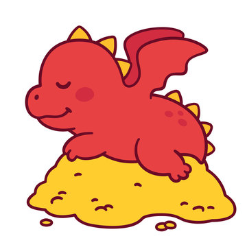 Cute Cartoon Dragon Guarding Treasures