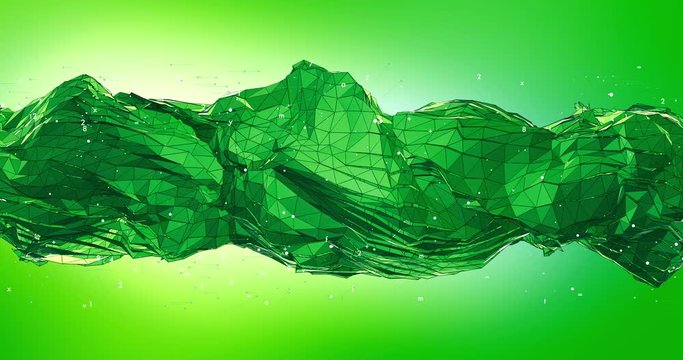 Flowing Wireframe Mesh Abstract Background Animation With Numbers - Green Version 4K