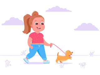 Cute child girl character walks dog. Walking in a dogs park on a clear day of grass