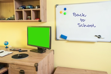 back to school / desk with equipment for schools and whiteboard
