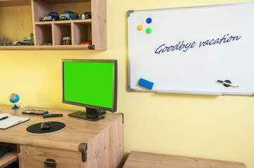 back to school / desk with equipment for schools and whiteboard
