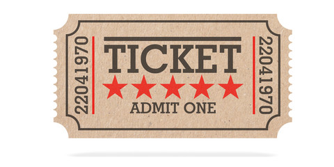 Cinema old type ticket beige isolated recycle, top view on a white background, 3d illustration. - obrazy, fototapety, plakaty