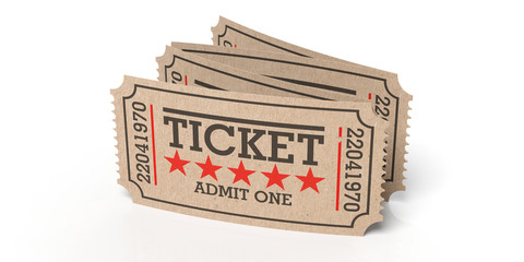 Cinema old type tickets beige isolated recycle on a white background, 3d illustration. - obrazy, fototapety, plakaty