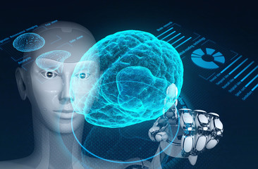 Robot research human brain by using augmented reality interface. 3D illustration.