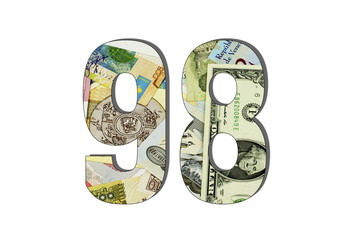 98 Different Worlds Banknotes. Background for business. Money concept White isolated